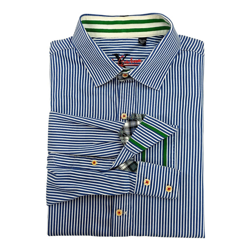 Robert Graham Blue White Stripe Dress Shirt Men’s 2XL Cotton Contrast Trim